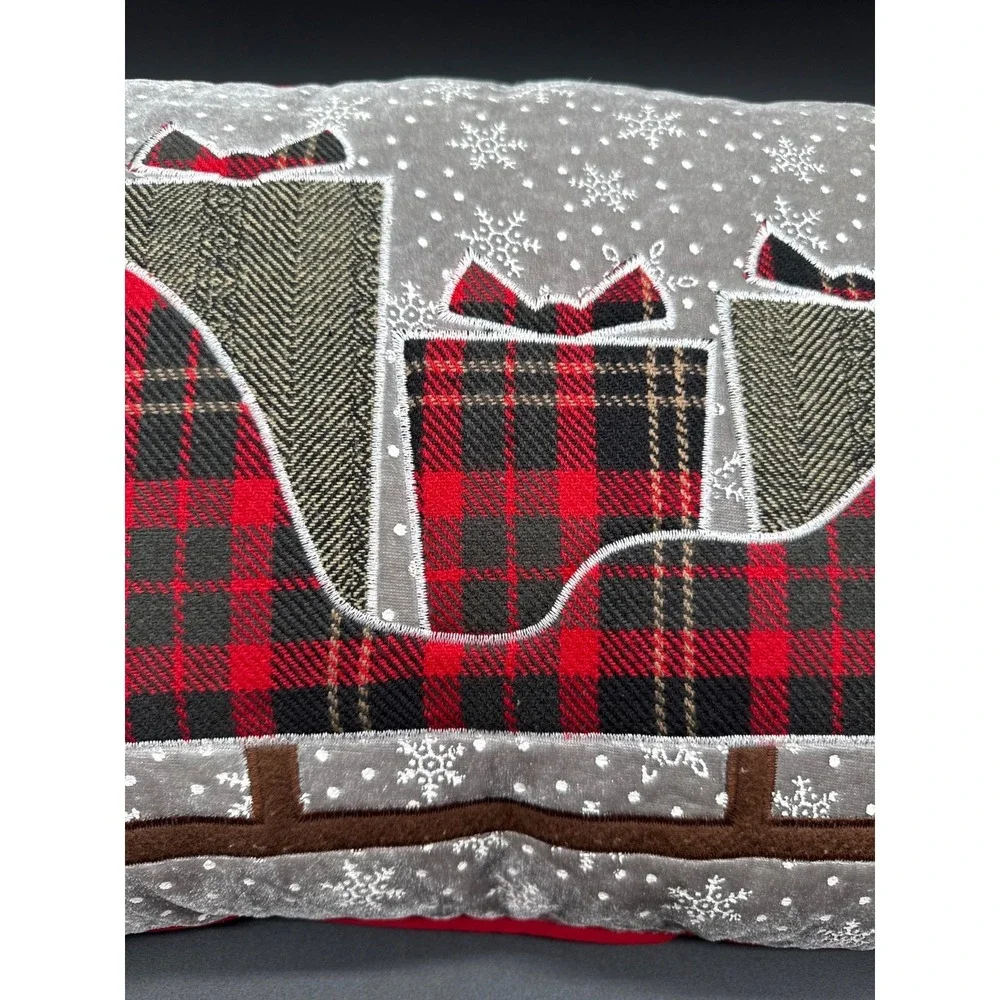 Santa Sleigh and Snowflake Christmas Throw Pillow/Red Trim -Soft Velvet Material